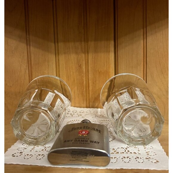 Jim Beam Stainless Steel Flask Engraved Logo Two Glass Tumblers Set - Picture 3 of 4